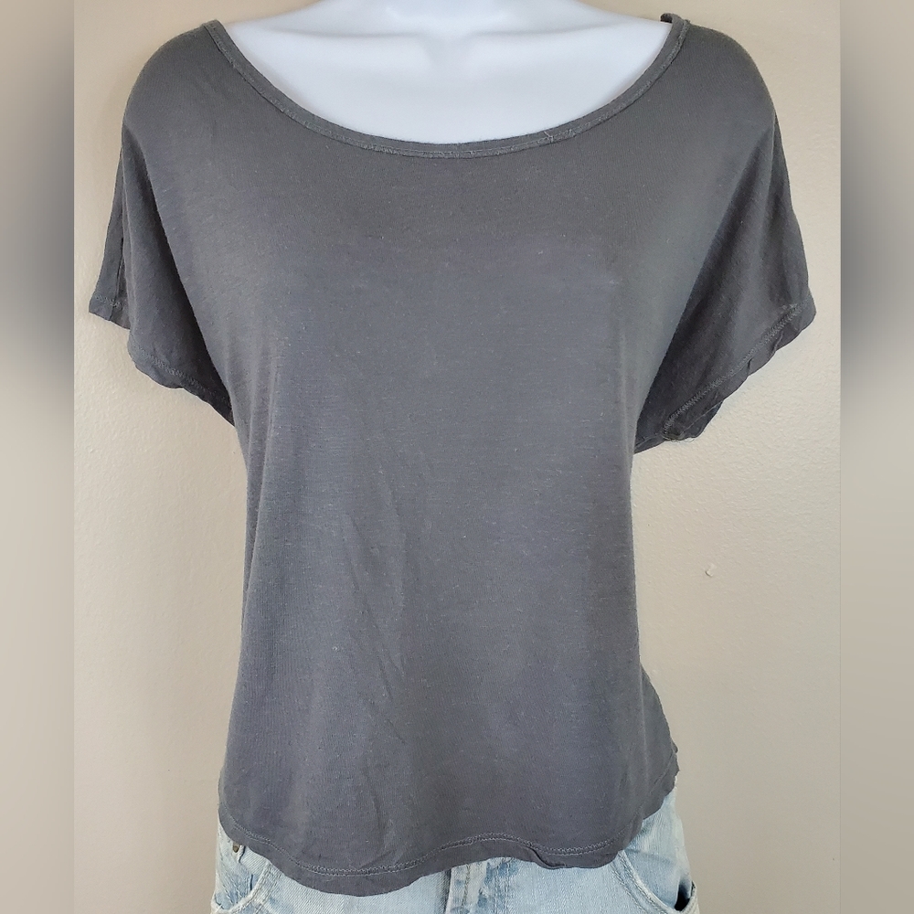Aerie Gray Scoop Neck Braided Criss-Cross Back Short Sleeve Top